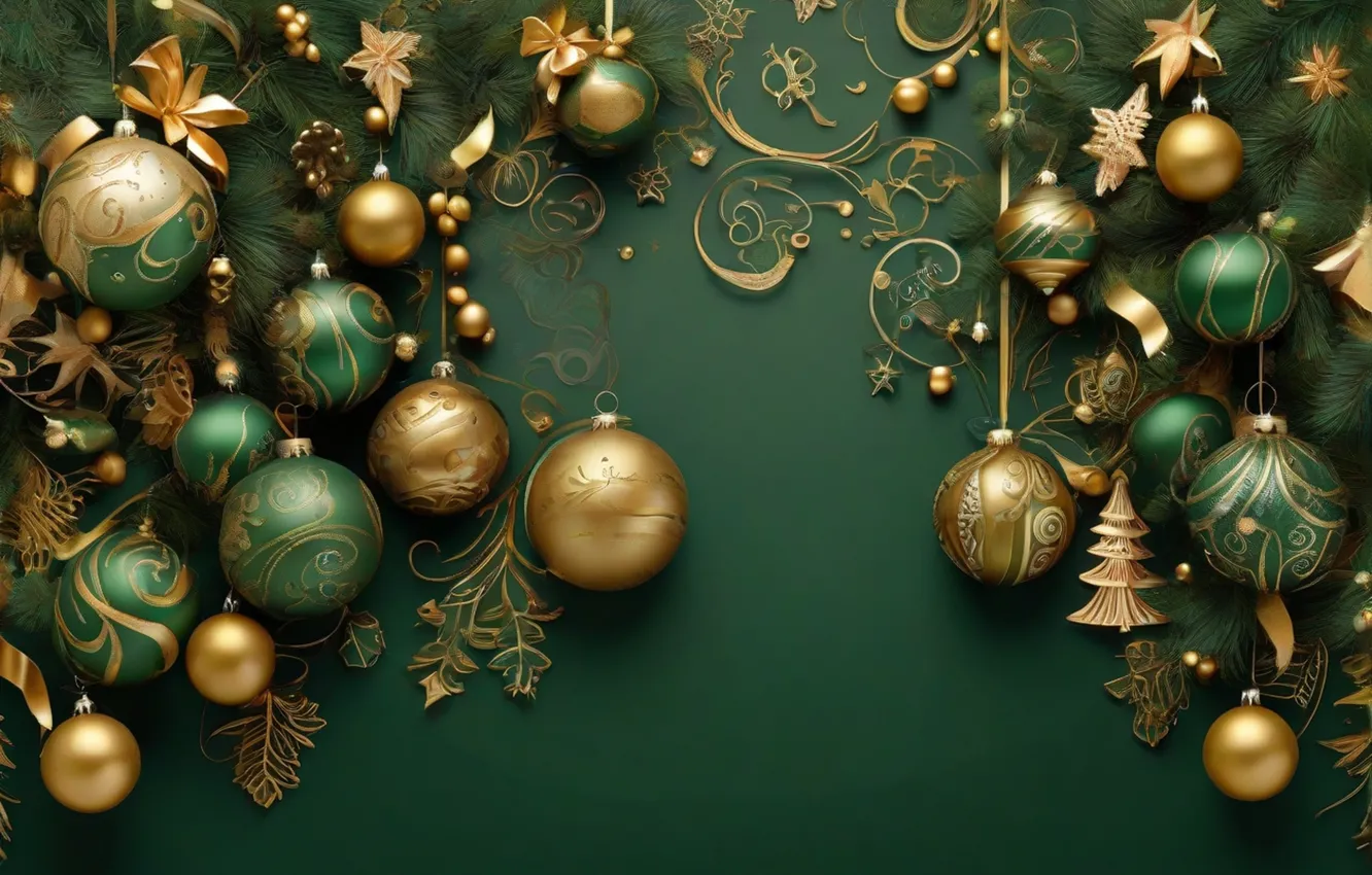 Фото обои украшения, темный фон, green, шары, Новый Год, Рождество, golden, new year