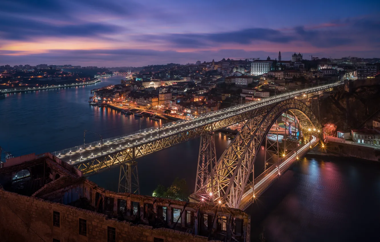 Фото обои мост, огни, вечер, Португалия, Порту, Douro river, Dom Luis Bridge