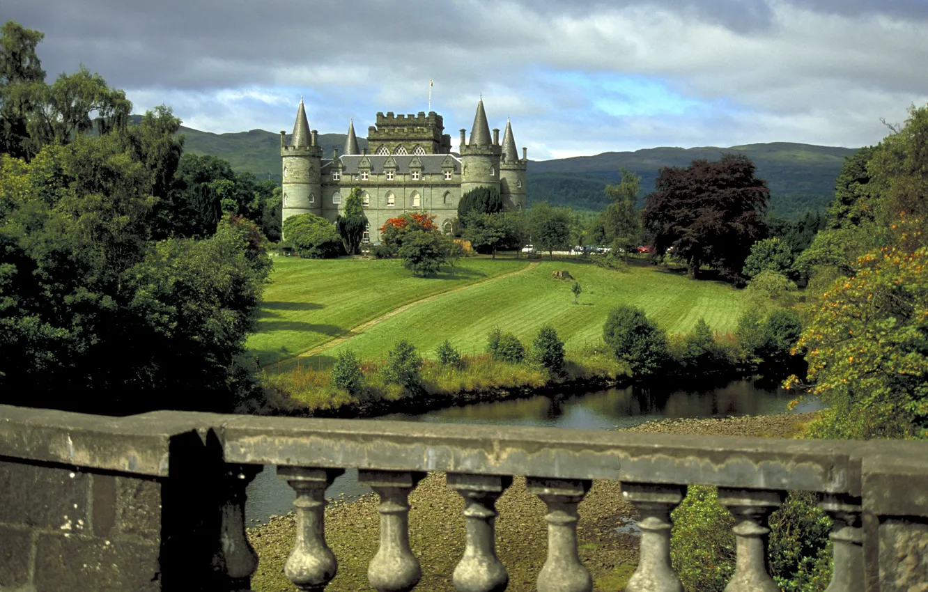 Фото обои лес, река, замок