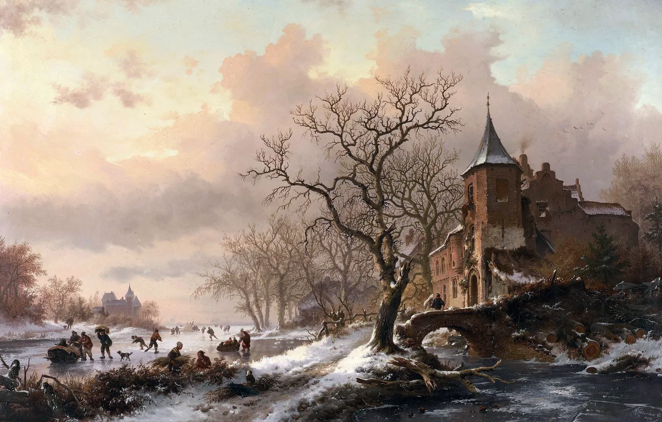 Фото обои картина, живопись, painting, Castle in a Winter Landscape and Skaters on a Fozen River, 1855, …