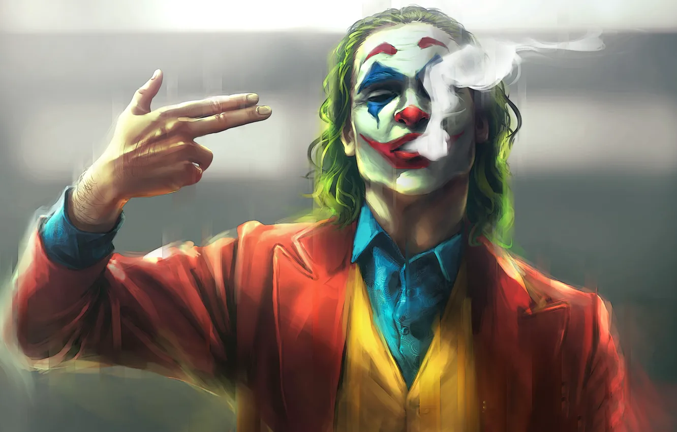 Фото обои дым, Джокер, жест, комиксы, персонаж, Joker, размытый фон, грим