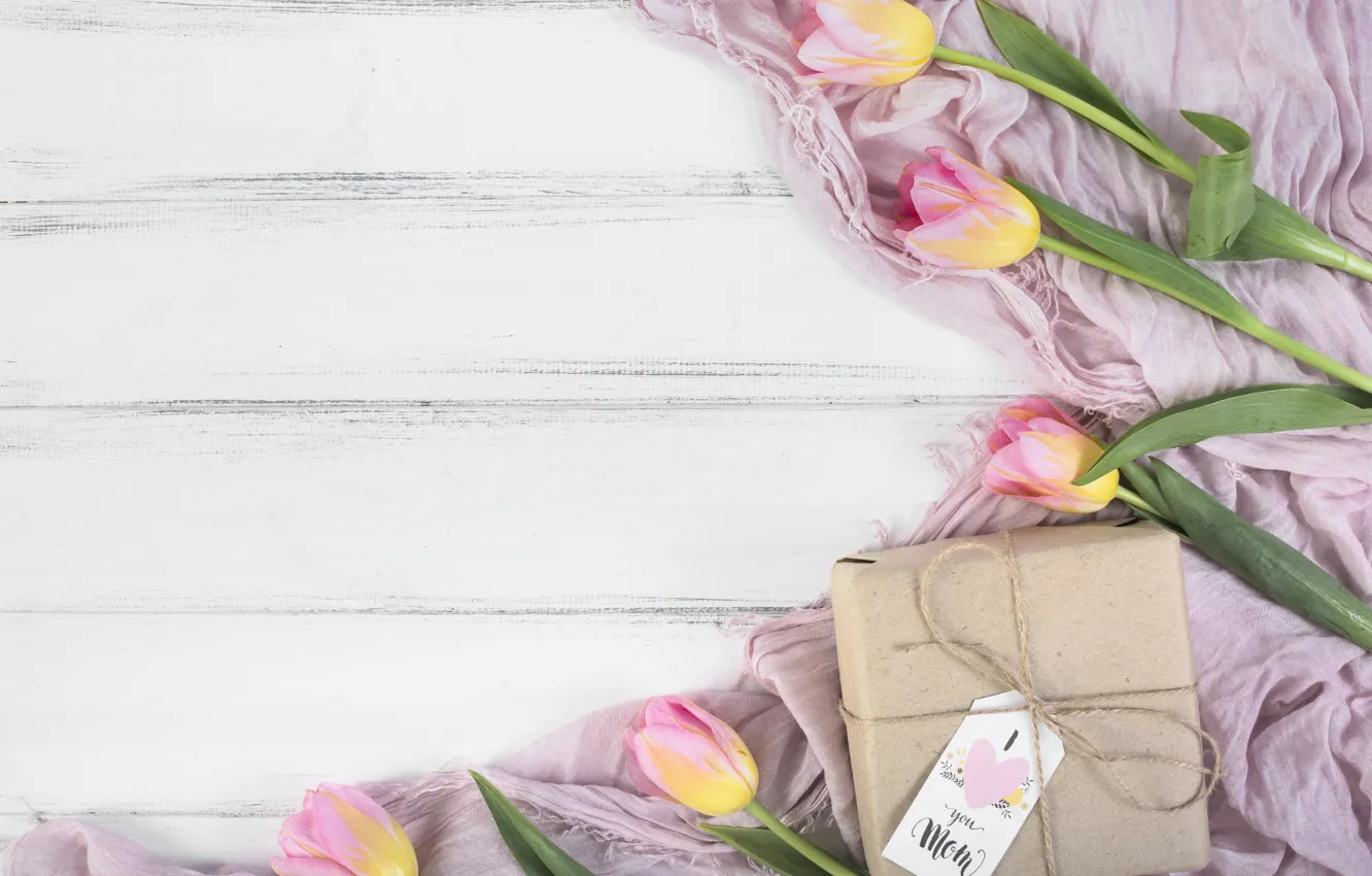 Фото обои праздник, подарок, тюльпаны, композиция, tulip, gift box, День матери