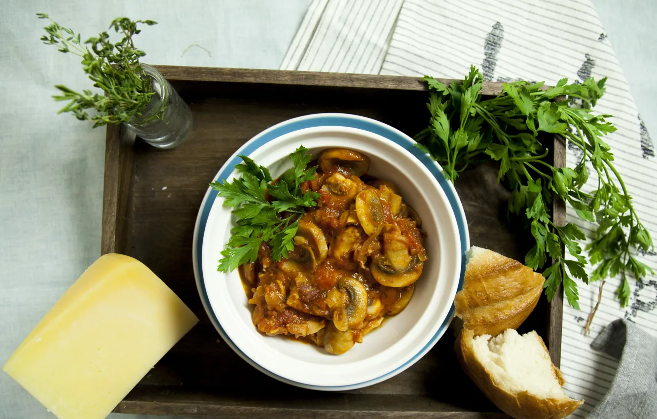 Фото обои Грибы, Блюдо, жареная курица, Хлеб, Mushrooms, roast chicken, Петрушка