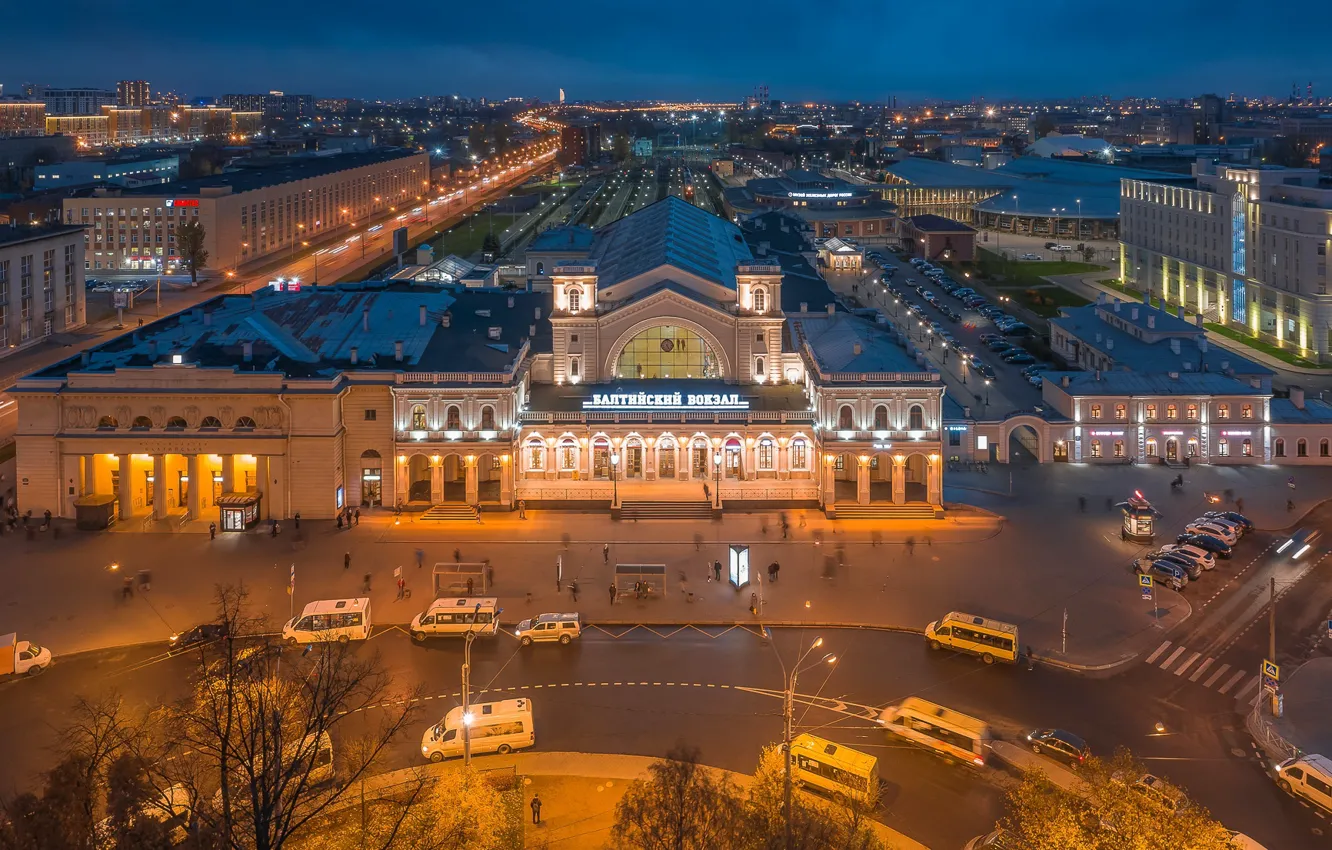 Фото обои город, здания, дороги, вокзал, дома, вечер, Питер, освещение