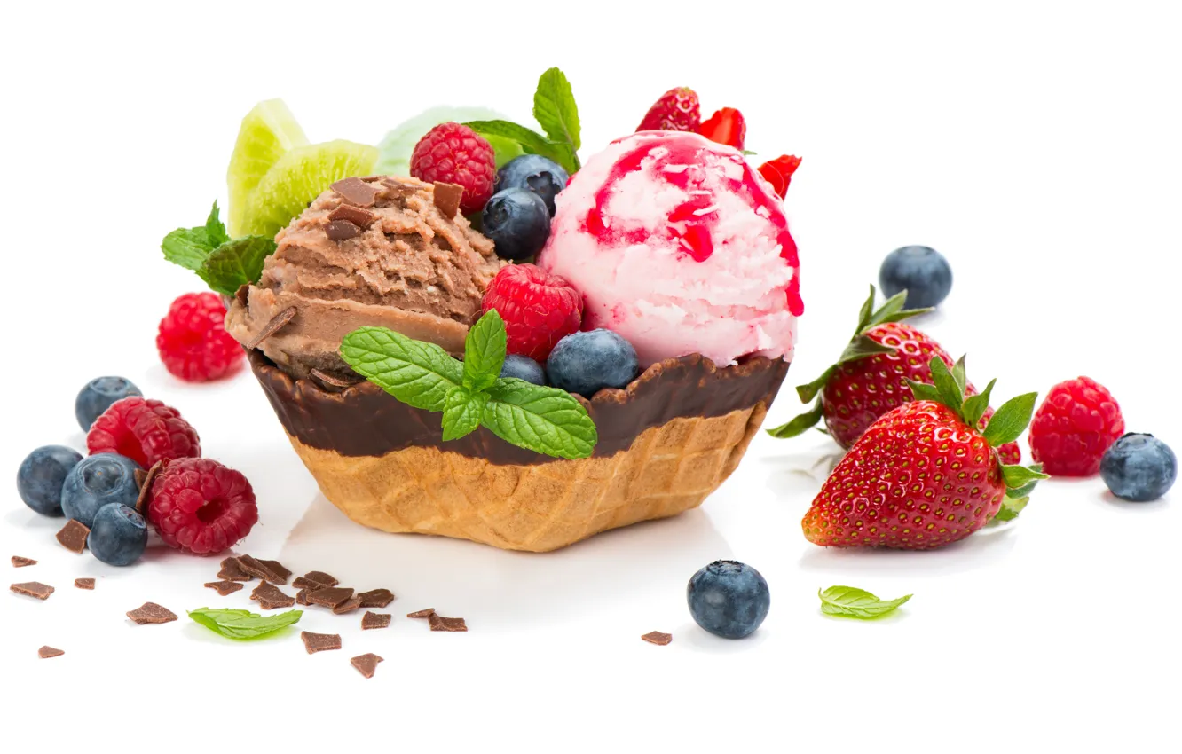 Фото обои листья, ягоды, малина, шоколад, черника, клубника, мороженое, мята