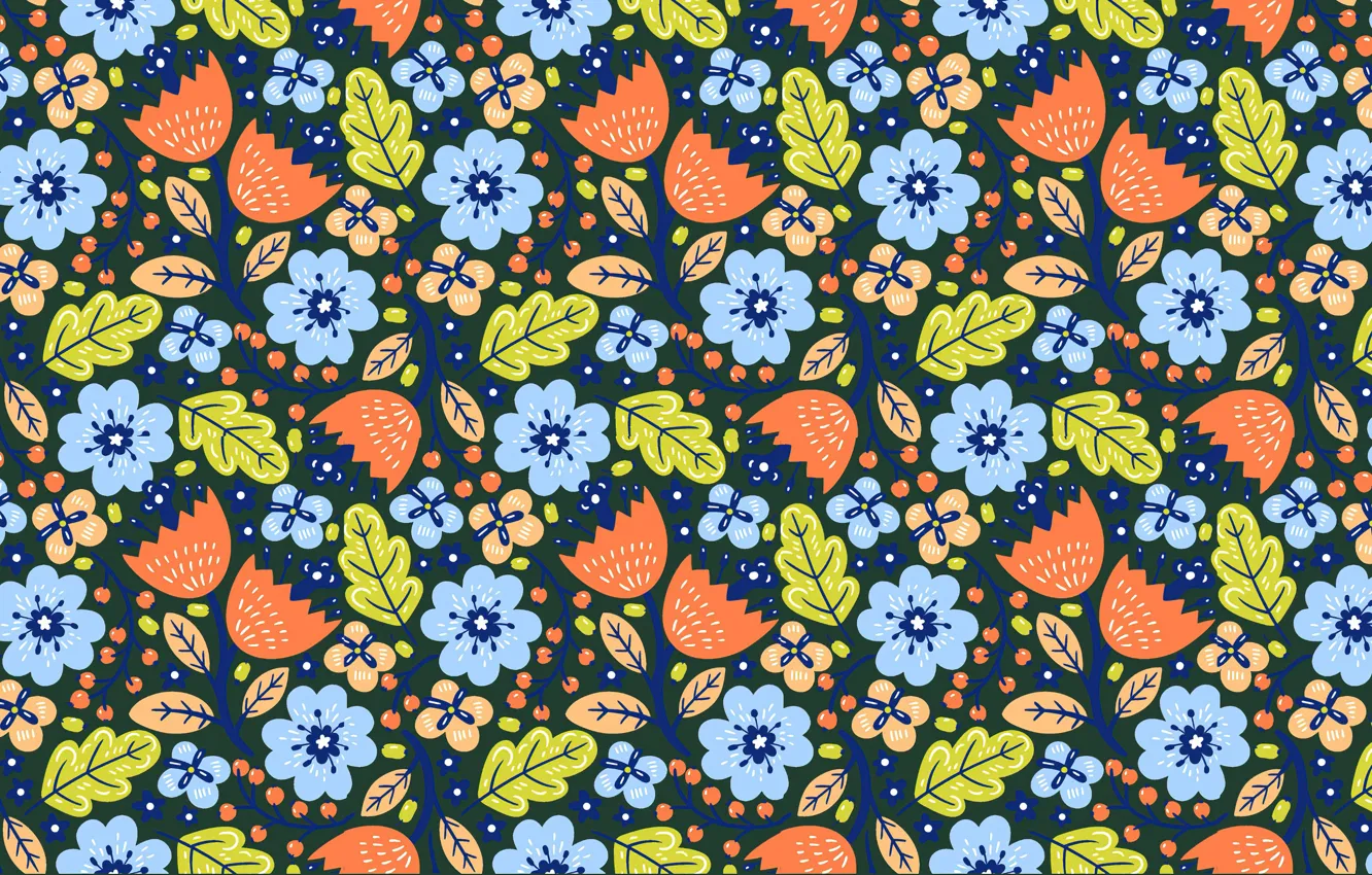 Фото обои листья, цветы, фон, узор, текстура, голубые, зеленые, оранжевые