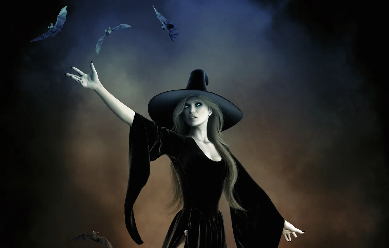 Фото обои девушка, магия, шляпа, ведьма, летучие мыши, колдовство