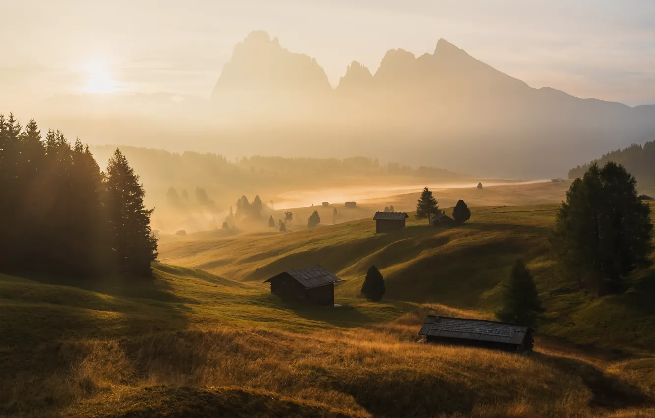 Фото обои горы, туман, утро, Trentino-Alto Adige, Castelrotto, Bulla