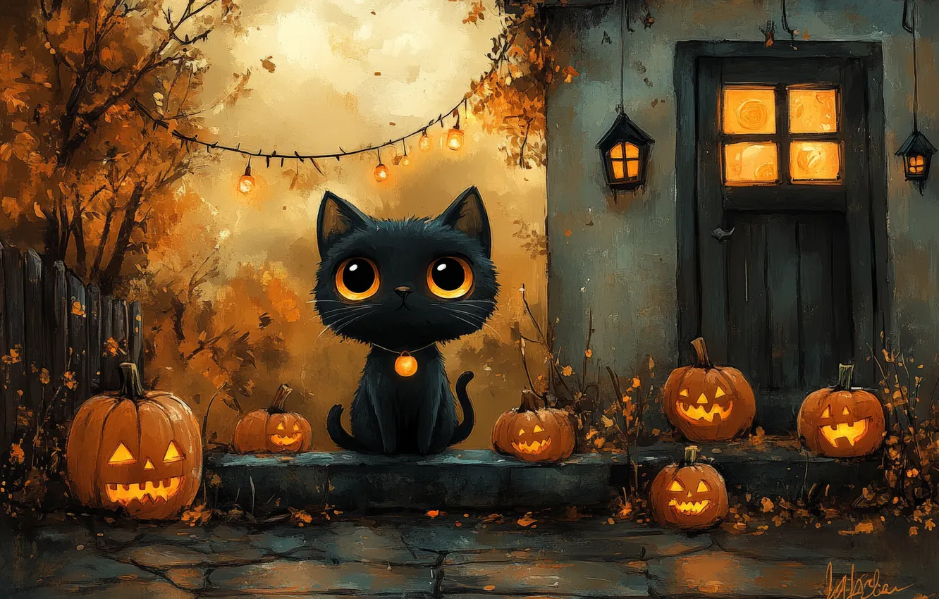 Фото обои Взгляд, Кошка, Дом, Черная, Кот, Тыквы, Глаза, Halloween
