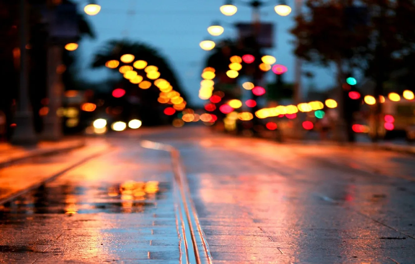 Фото обои дорога, мокро, макро, город, огни, блики, дождь, обои