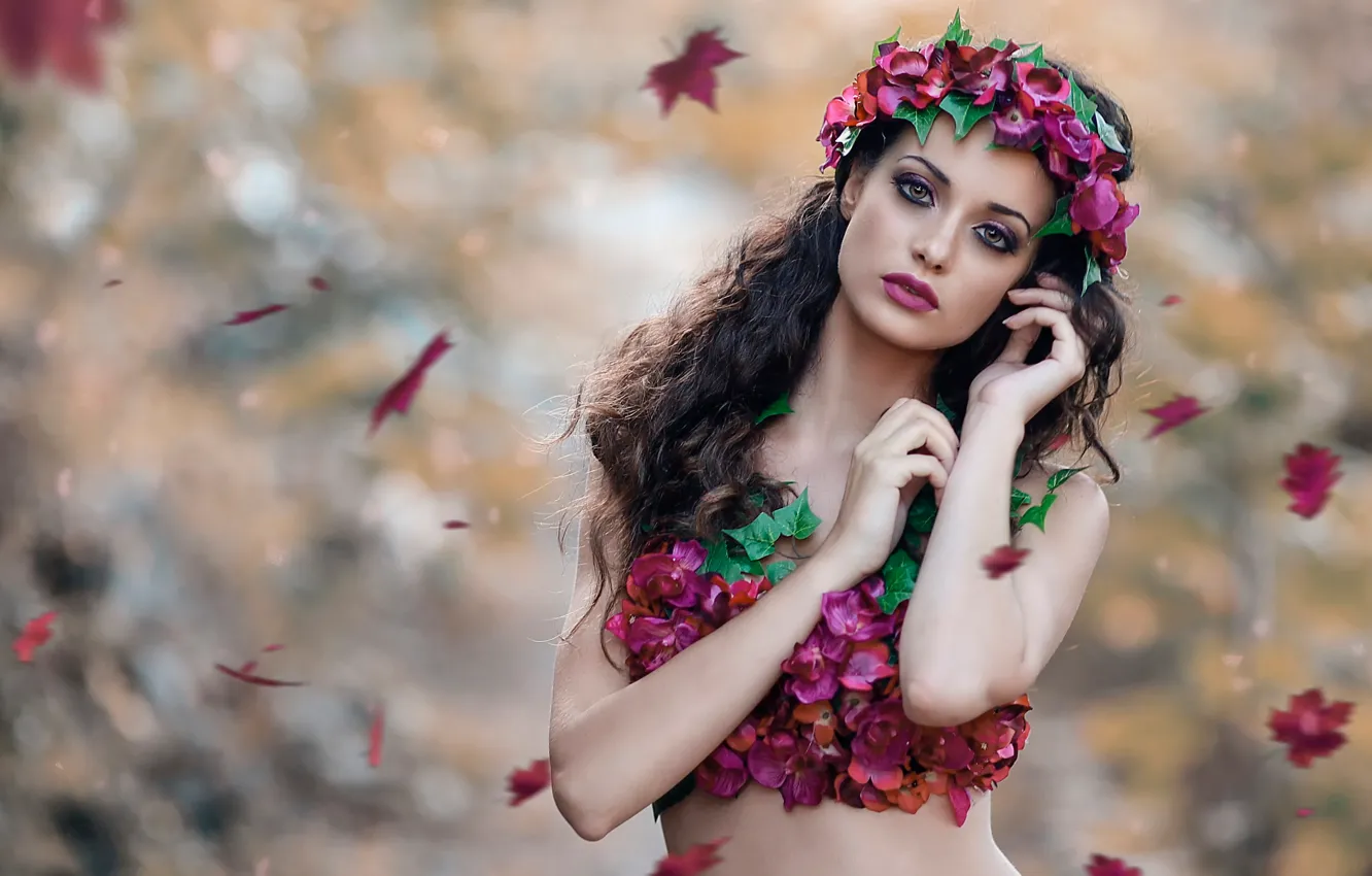 Фото обои осень, листья, девушка, венок, Alessandro Di Cicco, Nature Desire