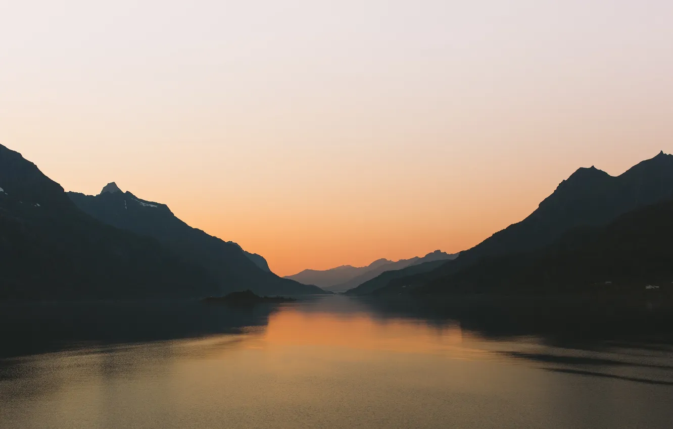 Фото обои sky, sunset, reflection, silhouette, mirror, Fjord, islet