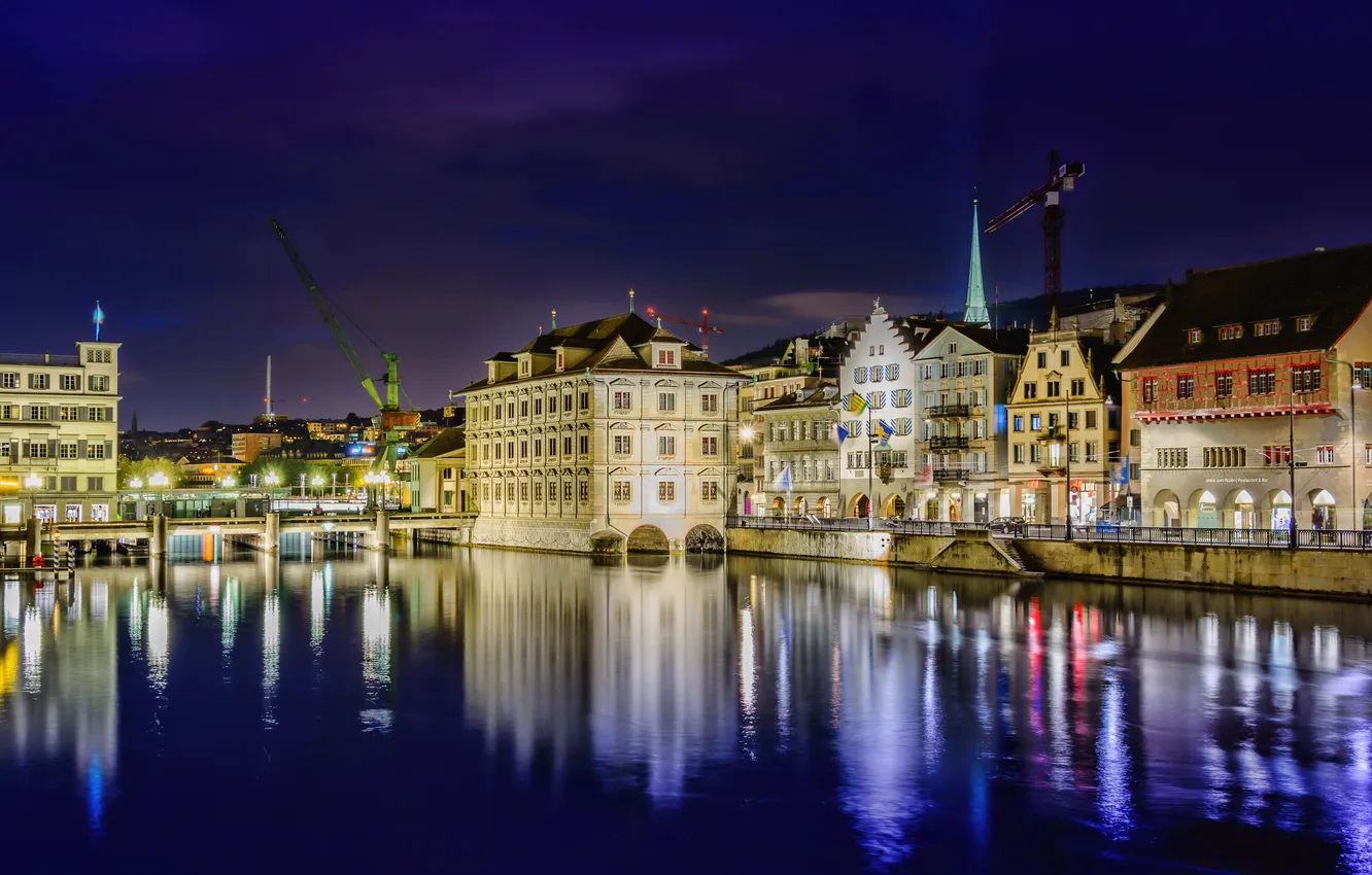 Фото обои ночь, город, река, фото, дома, Швейцария, Gockhausen