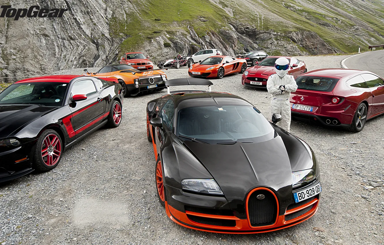 Фото обои Top Gear, bugatti veyron, ford mustang, stig, ferrari f430.