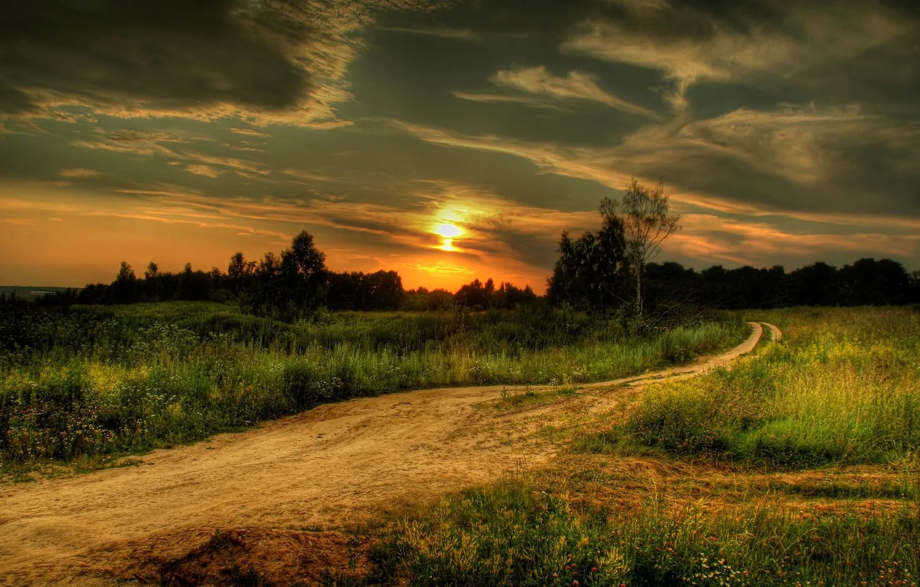 Фото обои дорога, поле, закат, природа