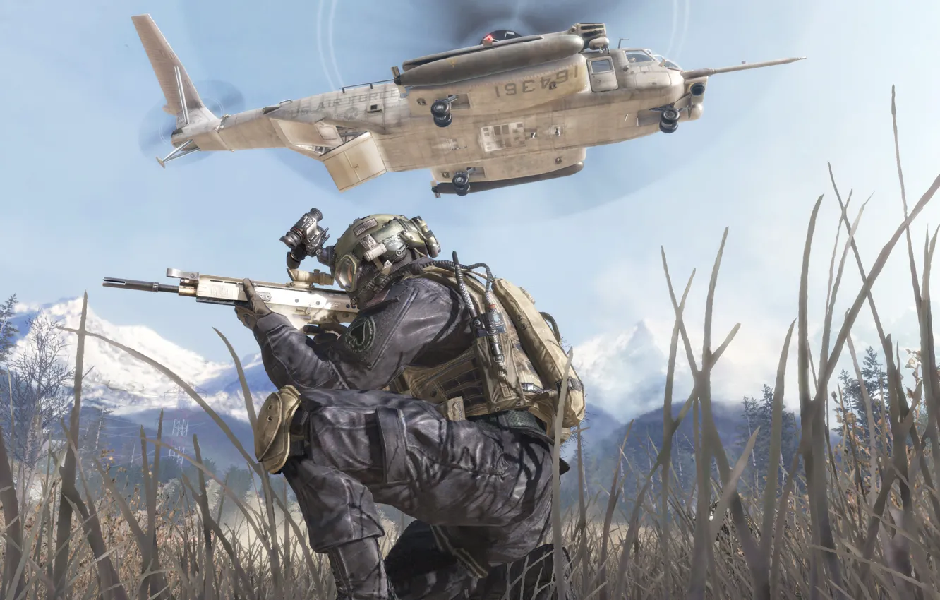 Фото обои Трава, Вертолет, Солдат, Call of Duty: Modern Warfare 2, Игра-шутер от первого лица