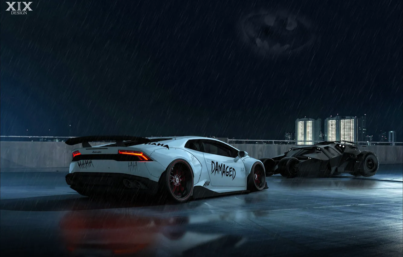 Фото обои Авто, Ночь, Lamborghini, Машина, Дождь, Batman, Lambo, Batmobile