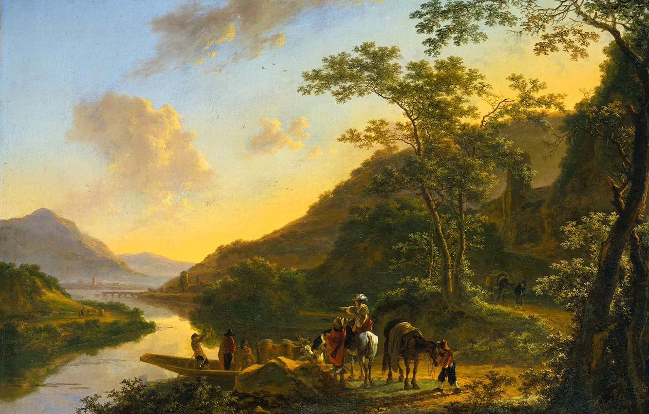 Фото обои горы, река, картина, Ян Бот, Итальянский Пейзаж с Паромной Переправой
