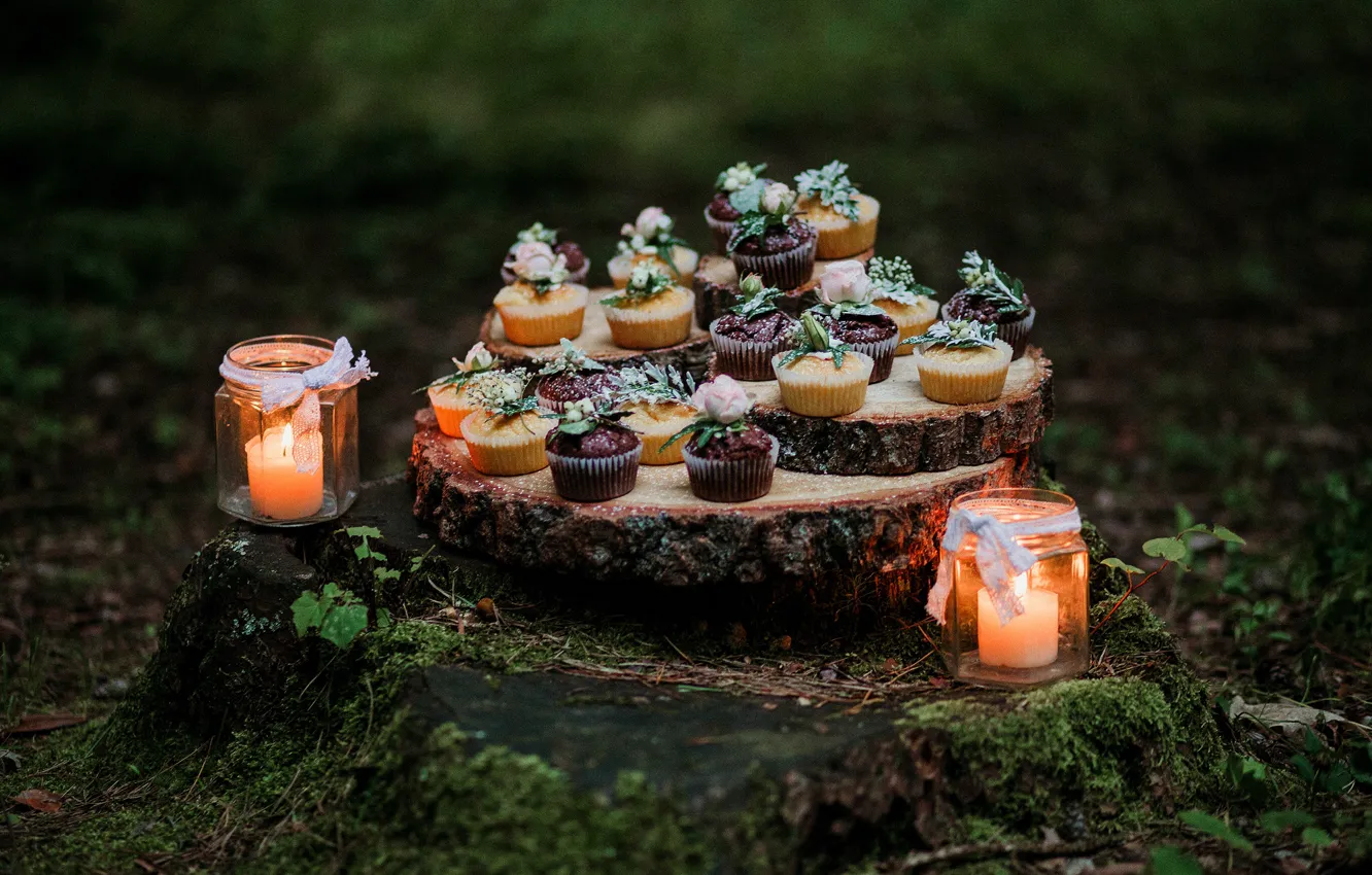 Фото обои природа, свечи, банки, кексы