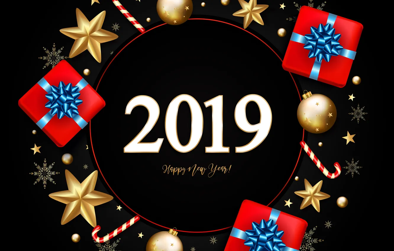 Фото обои снежинки, игрушки, подарки, Новый год, gold, золотые, snowflakes, 2019