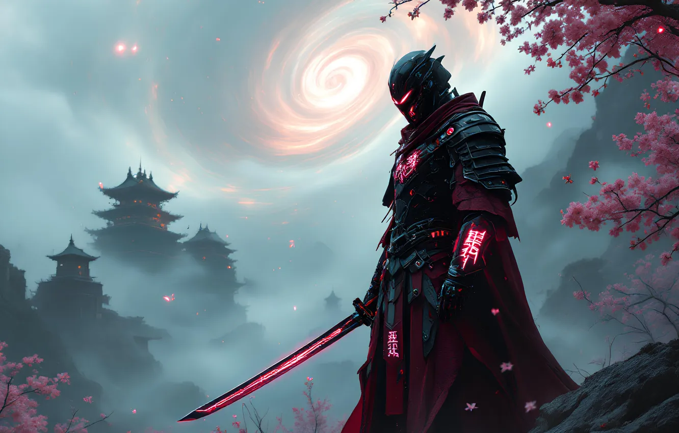 Фото обои dark, fantasy, armor, weapon, katana, cyberpunk, castle, digital art