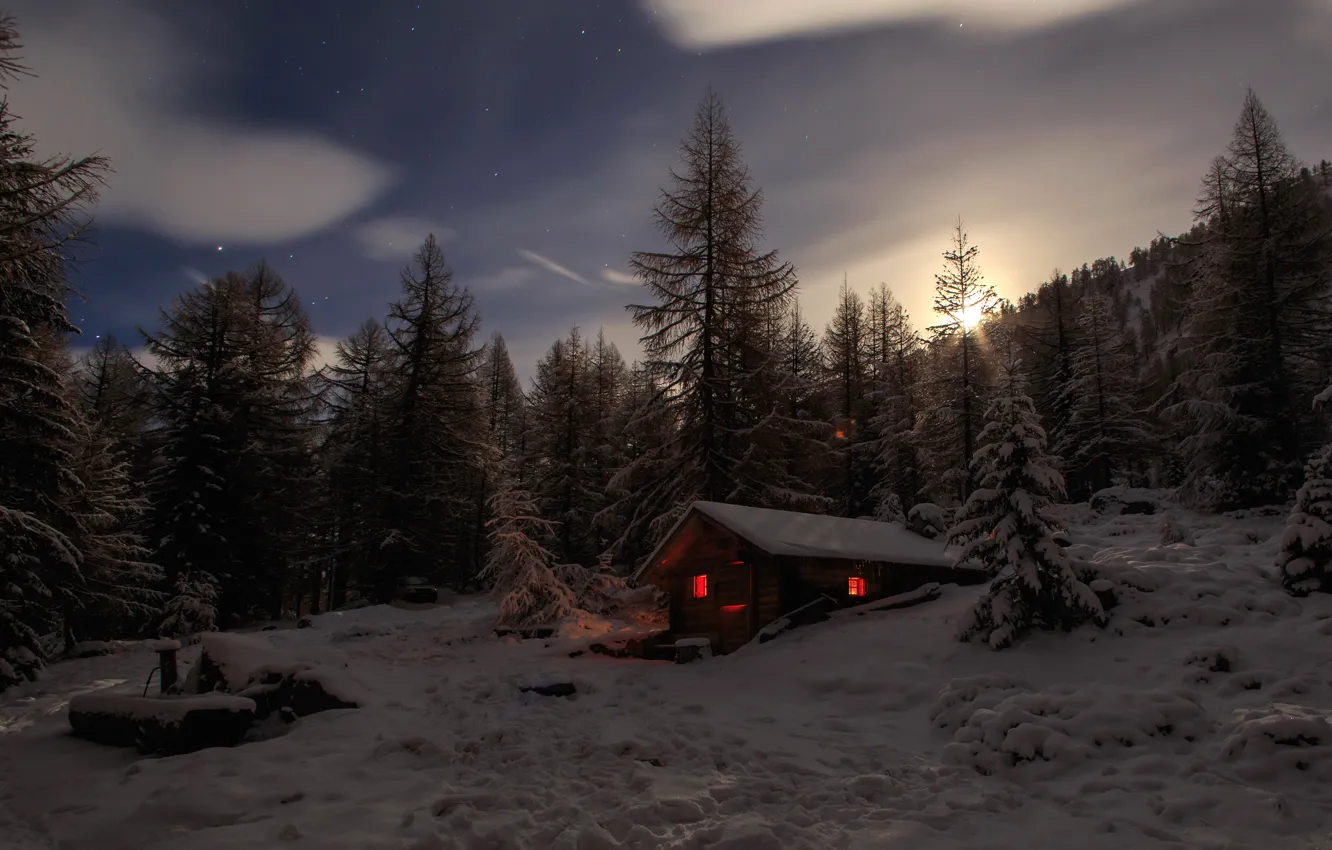 Фото обои зима, лес, снег, деревья, горы, Швейцария, Альпы, сугробы