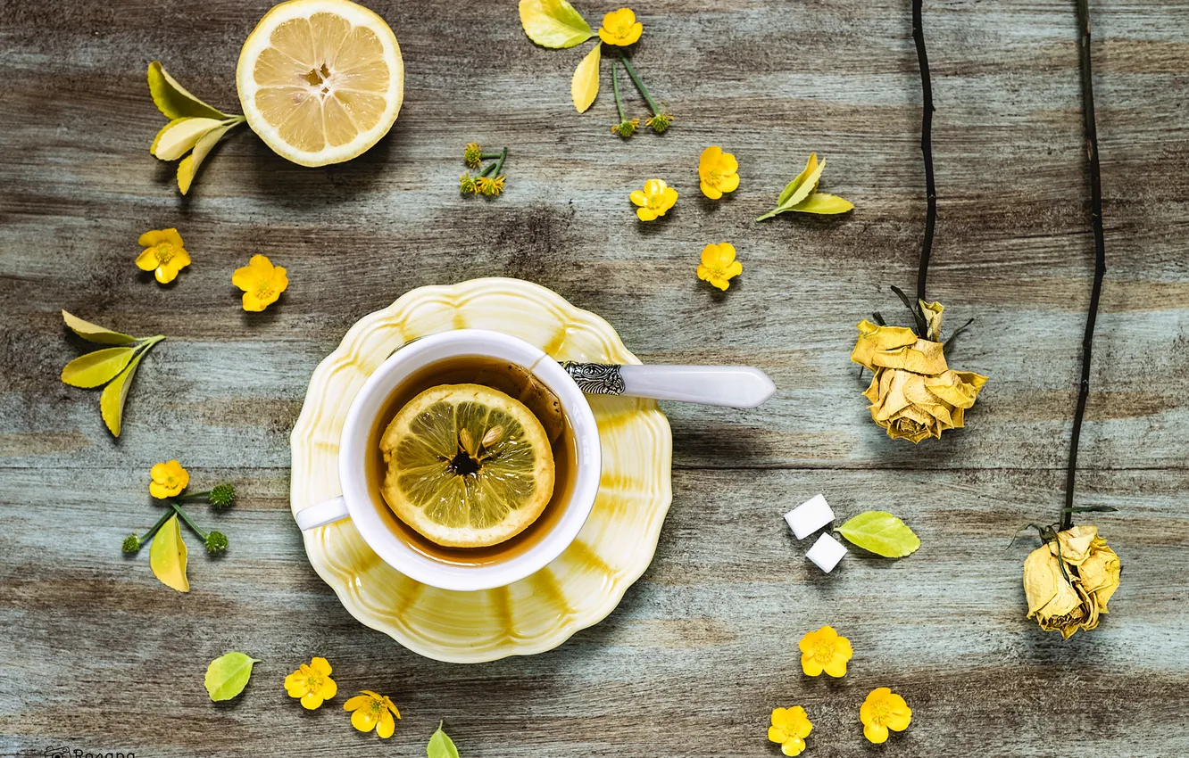 Фото обои цветы, лимон, чай, розы, желтые, сухие, ложка, кружка