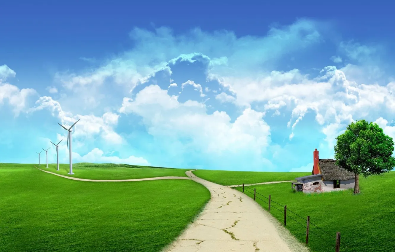 Фото обои поле, green, ветряки, field, digital, design, art, векторная графика