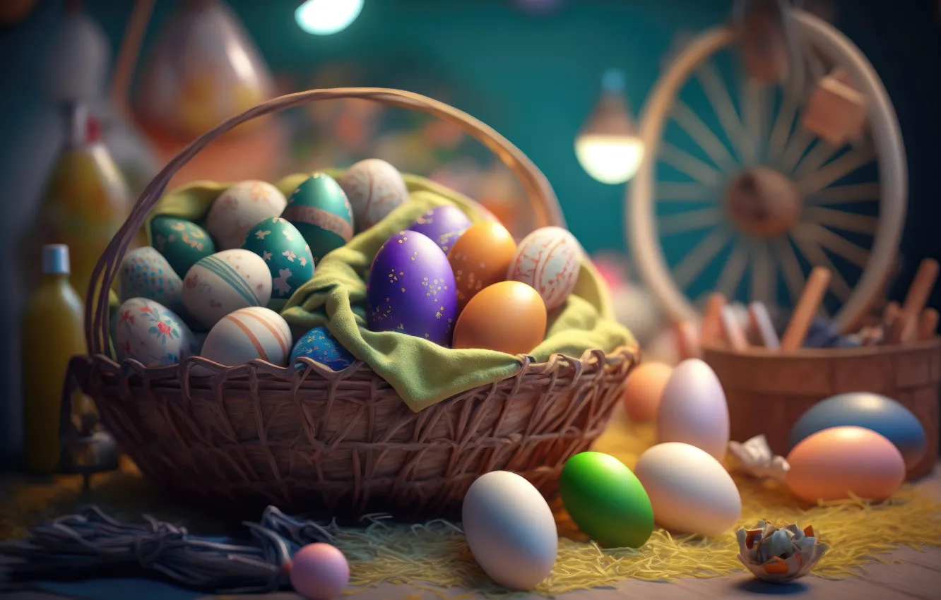 Фото обои фон, корзина, яйца, colorful, Пасха, happy, background, Easter