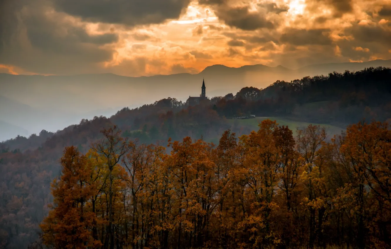 Фото обои закат, туман, Italy, Emilia Romagna, Morfasso, Domenica d'autunno