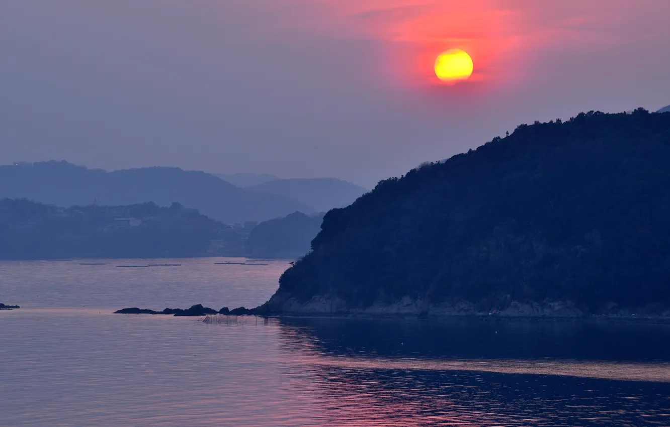 Фото обои море, закат, горы, Япония, Japan, Tatsuno, Тацуно, Hyogo Prefecture