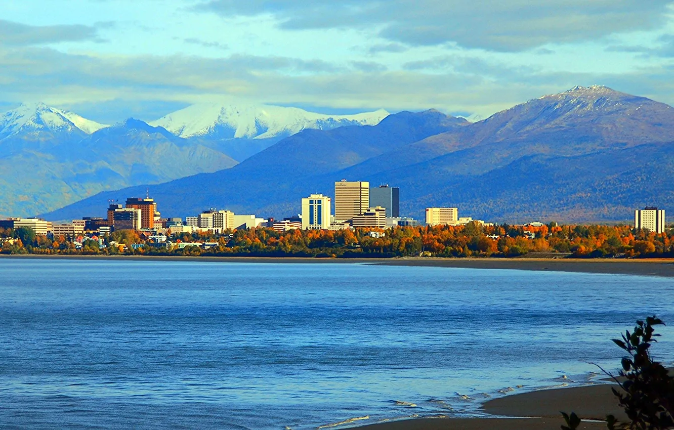 Фото обои США, Анкоридж, Anchorage, крупнейший город штата Аляска, горы Чугач, залив Кука
