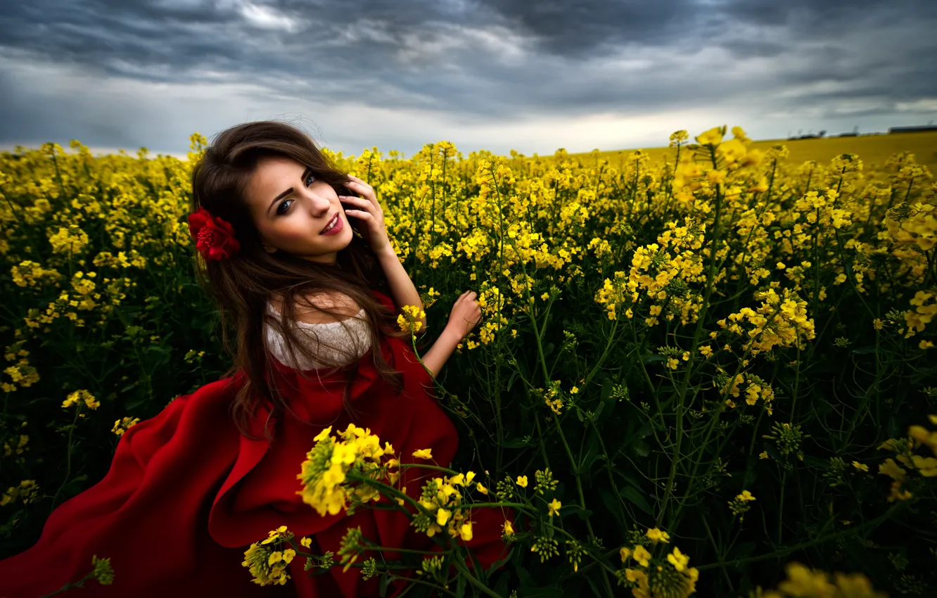 Фото обои поле, девушка, облака, цветы, улыбка, шатенка, кареглазая