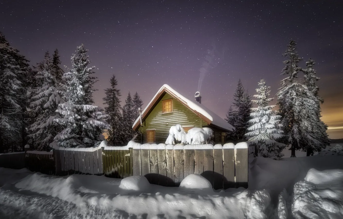 Фото обои зима, снег, ночь, домик