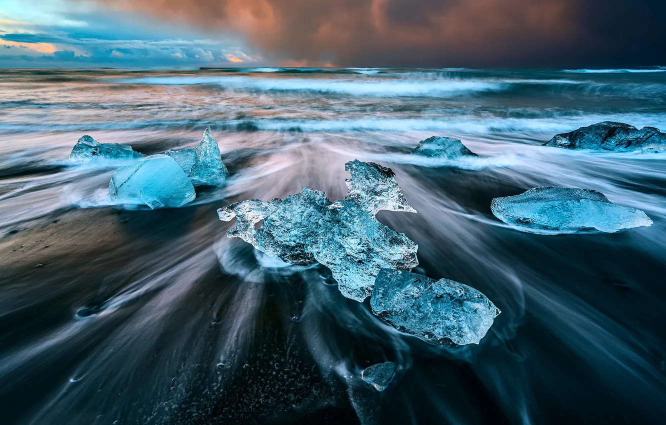 Фото обои зима, пляж, небо, облака, лёд, выдержка, Исландия, Декабрь