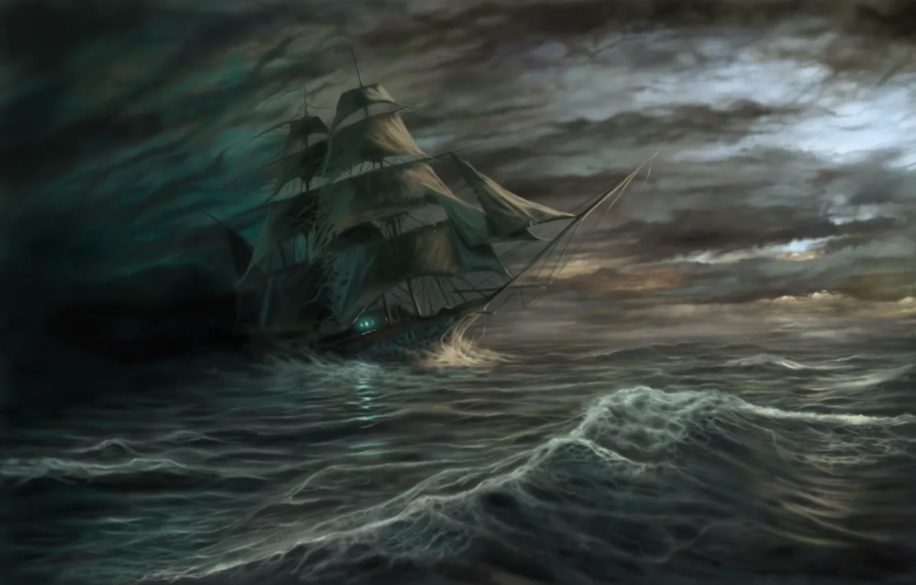 Фото обои море, волны, тучи, шторм, корабль, призрак