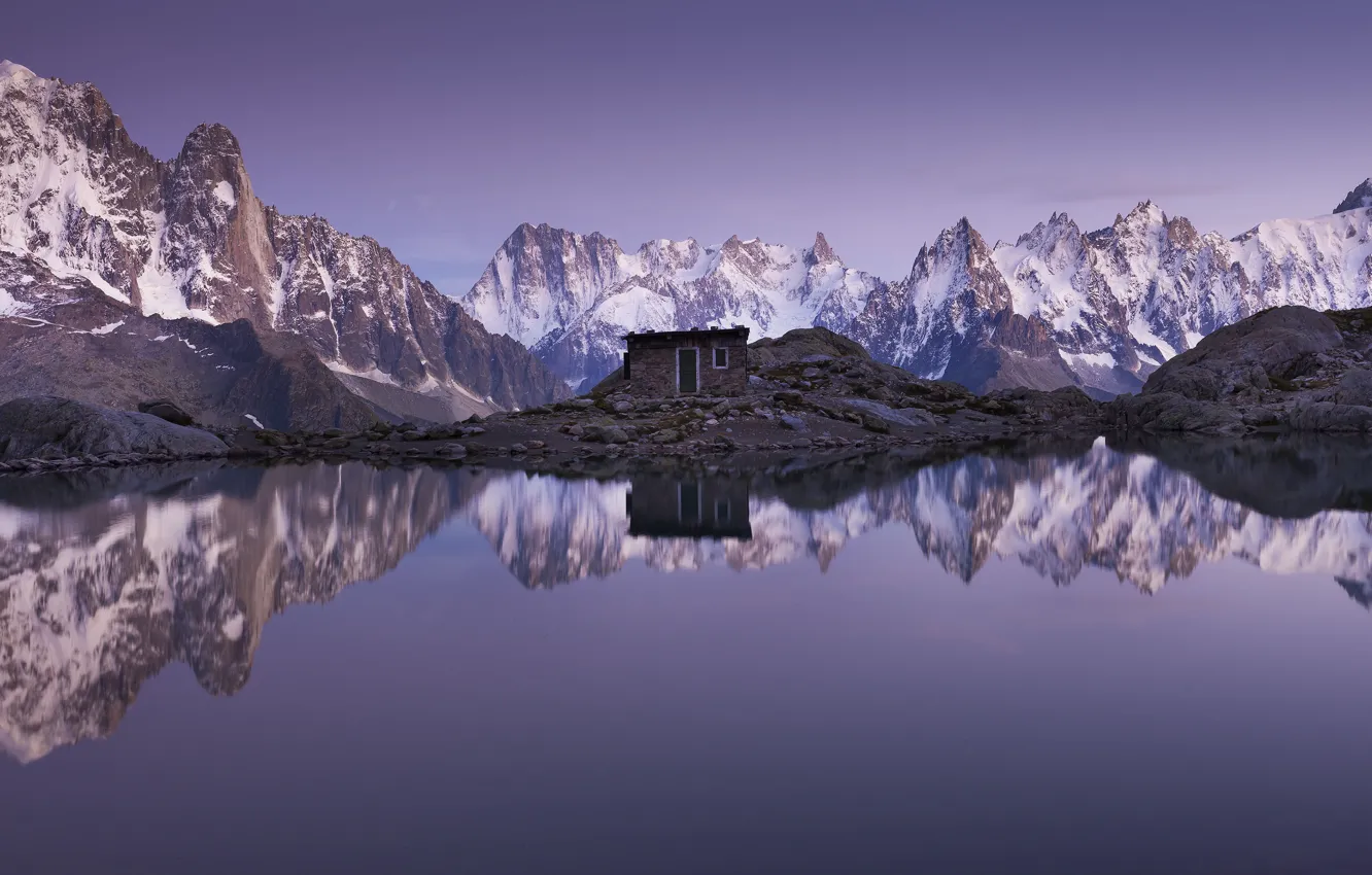Фото обои house, mountains, lake, reflection, mirror