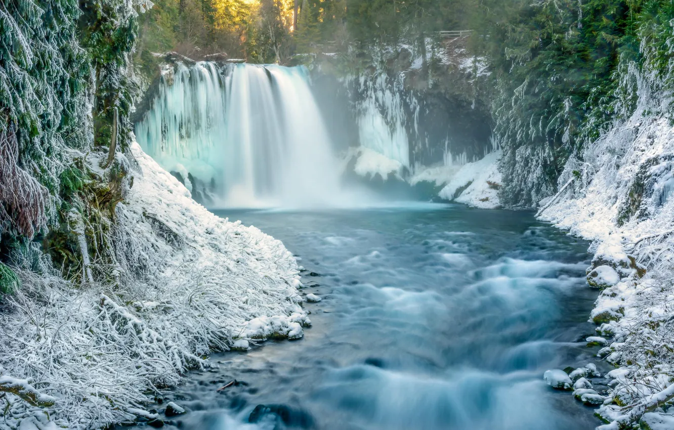 Фото обои зима, лес, снег, природа, река, водопад, утро