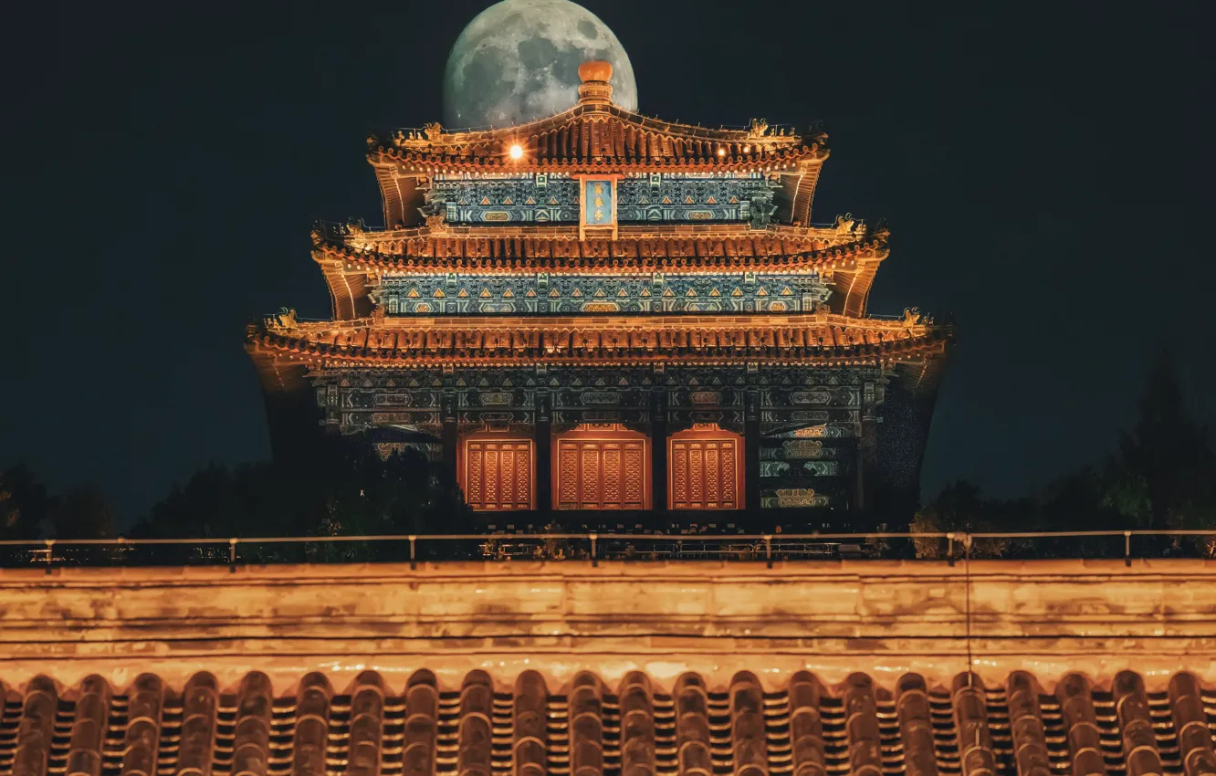 Фото обои луна, азия, крыши, храм