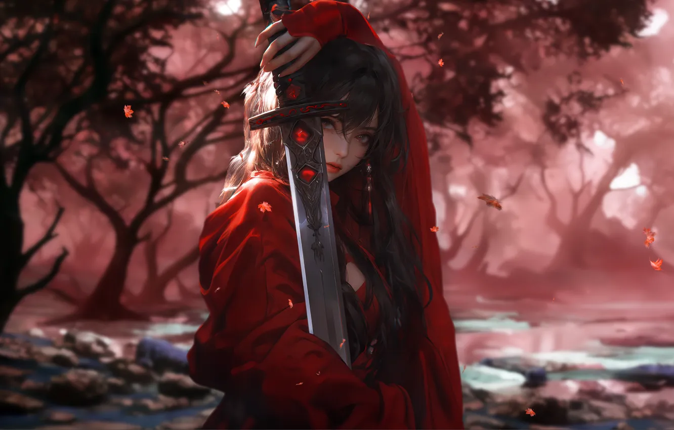Фото обои girl, sword, fantasy, trees, brunette, digital art, artwork, warrior