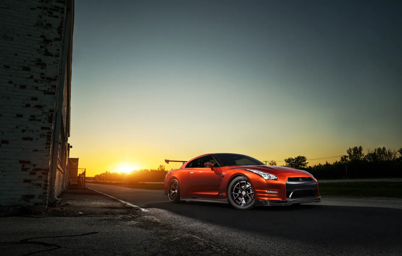 Фото обои GTR, Orange, Nissan, Front, Sun, AMS, Performance, Widebody