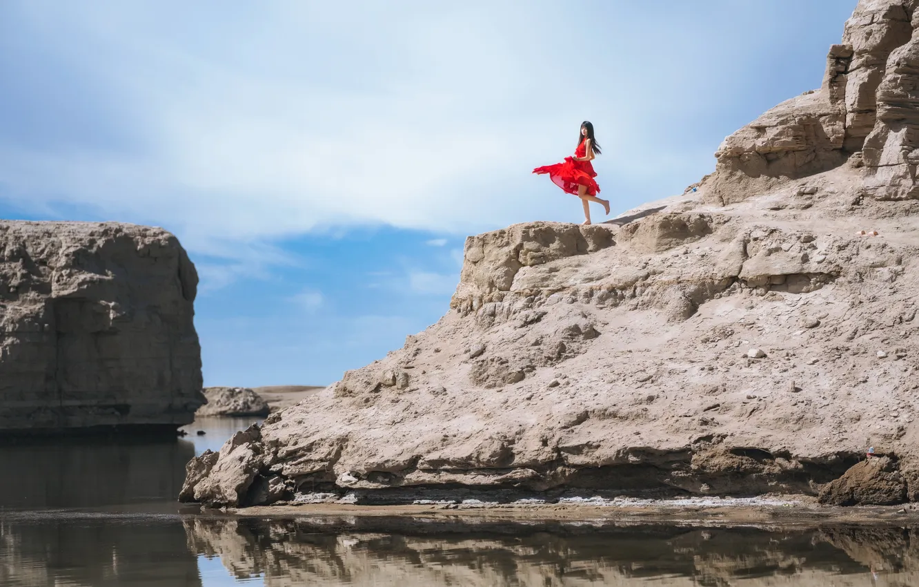 Фото обои Sky, Beautiful, Asian, Model, Water, Mountain, Woman, Summer