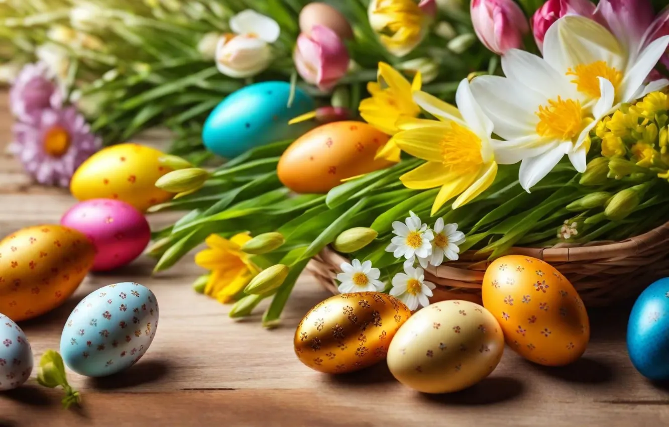 Фото обои цветы, яйца, весна, colorful, Пасха, happy, flowers, spring