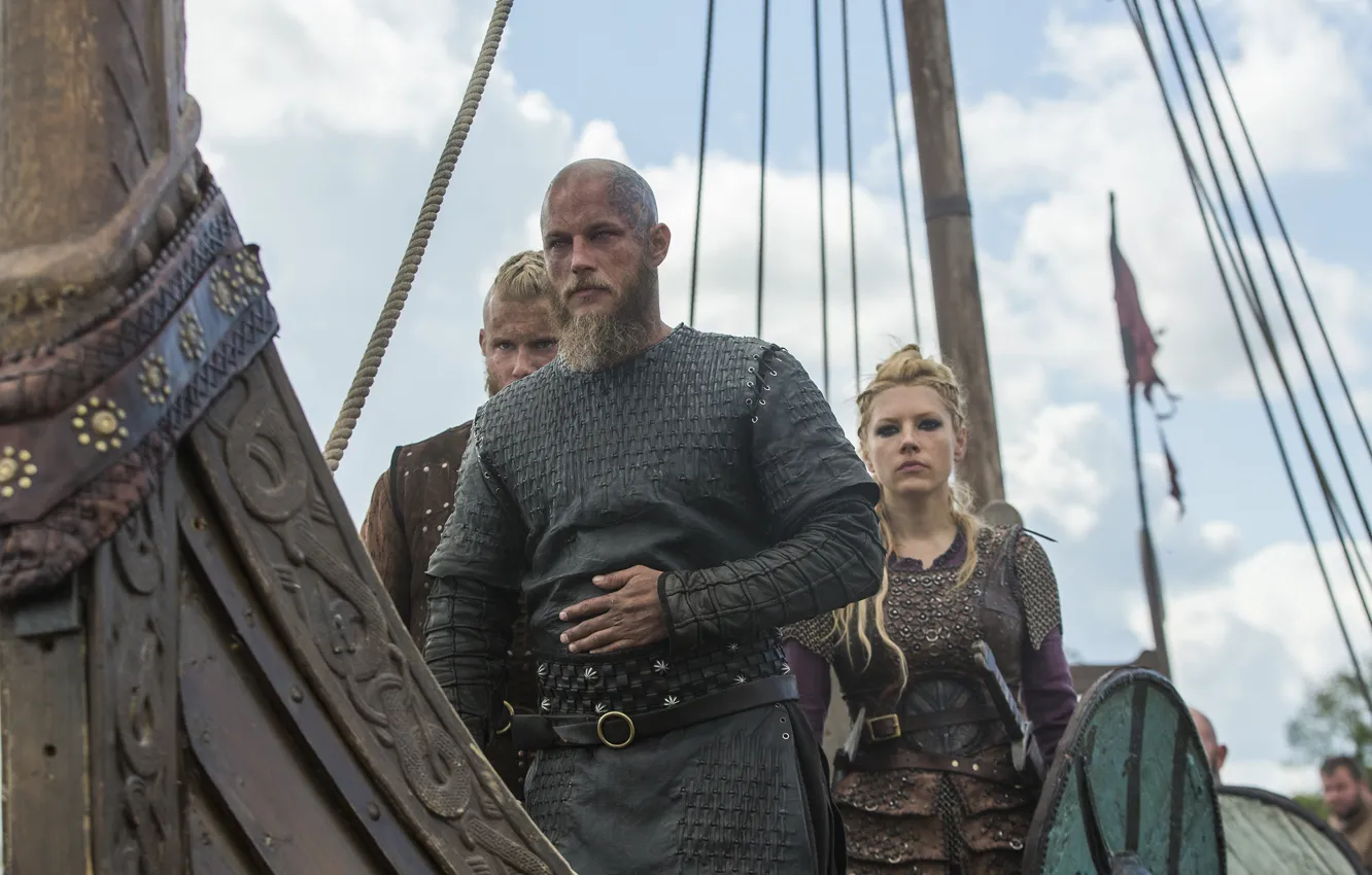 Фото обои корабль, Vikings, Викинги, Katheryn Winnick, Travis Fimmel, Ragnar Lothbrok, Lagertha, Alexander Ludwig