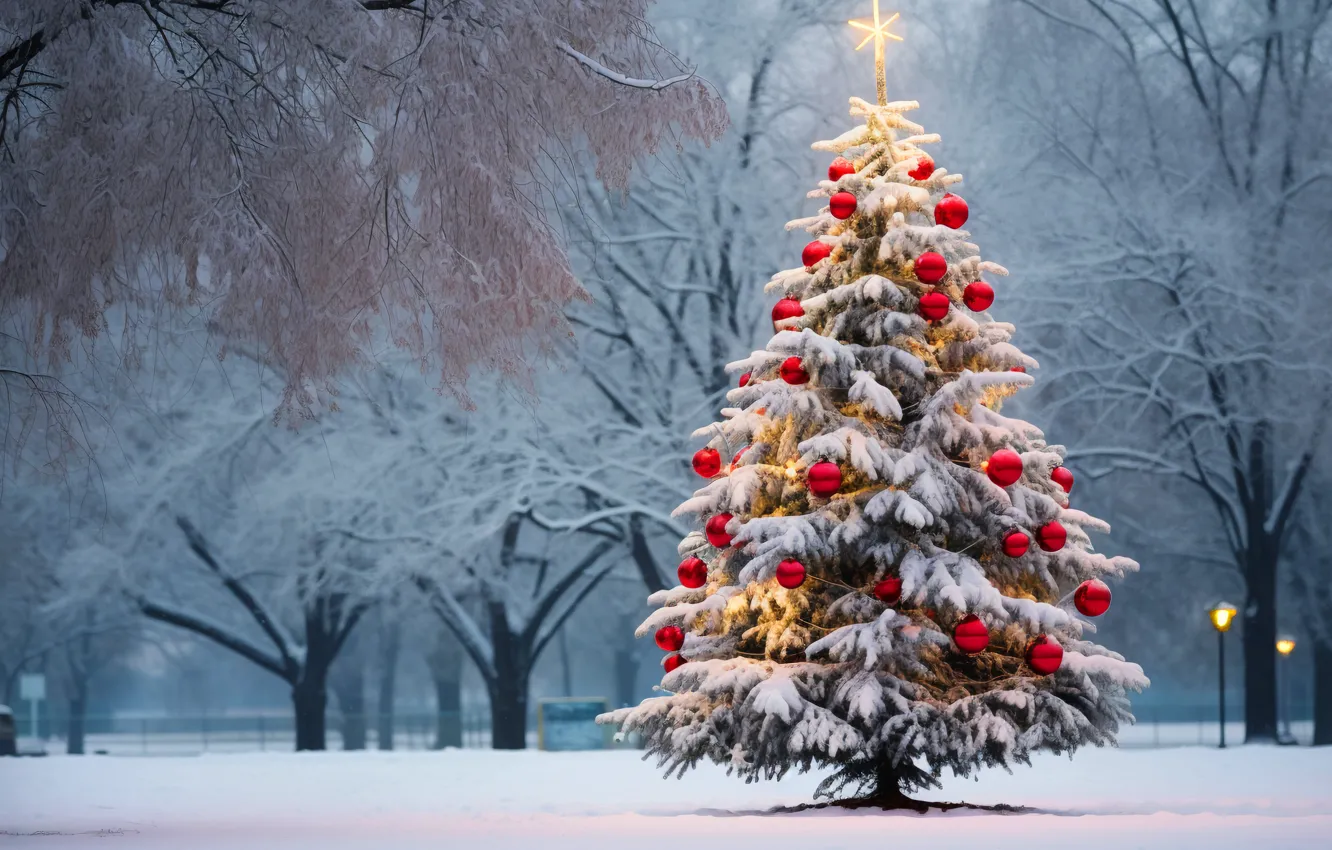 Фото обои зима, снег, украшения, ночь, шары, елка, Новый Год, Рождество