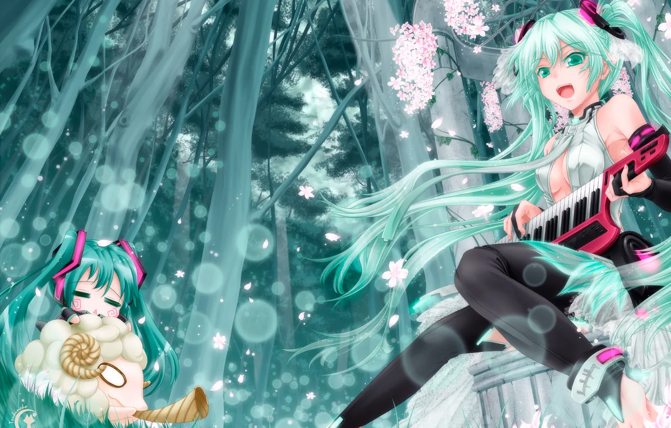 Фото обои лес, девушка, цветы, арт, vocaloid, hatsune miku, чиби, овечка