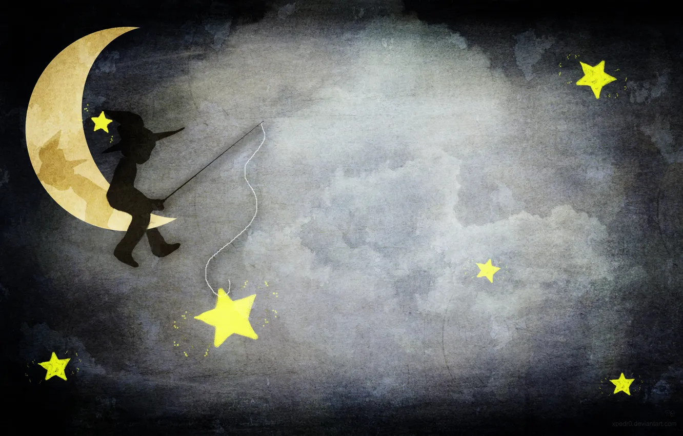 Фото обои звезды, луна, рыбак, мальчик, удочка