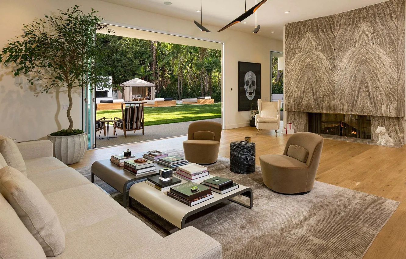 Фото обои дизайн, стиль, интерьер, камин, терраса, гостиная, Beverly Hills home