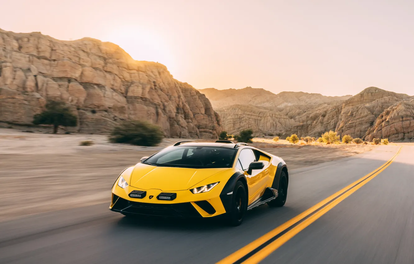 Фото обои Lamborghini, road, yellow, drive, Huracan, Lamborghini Huracan Sterrato