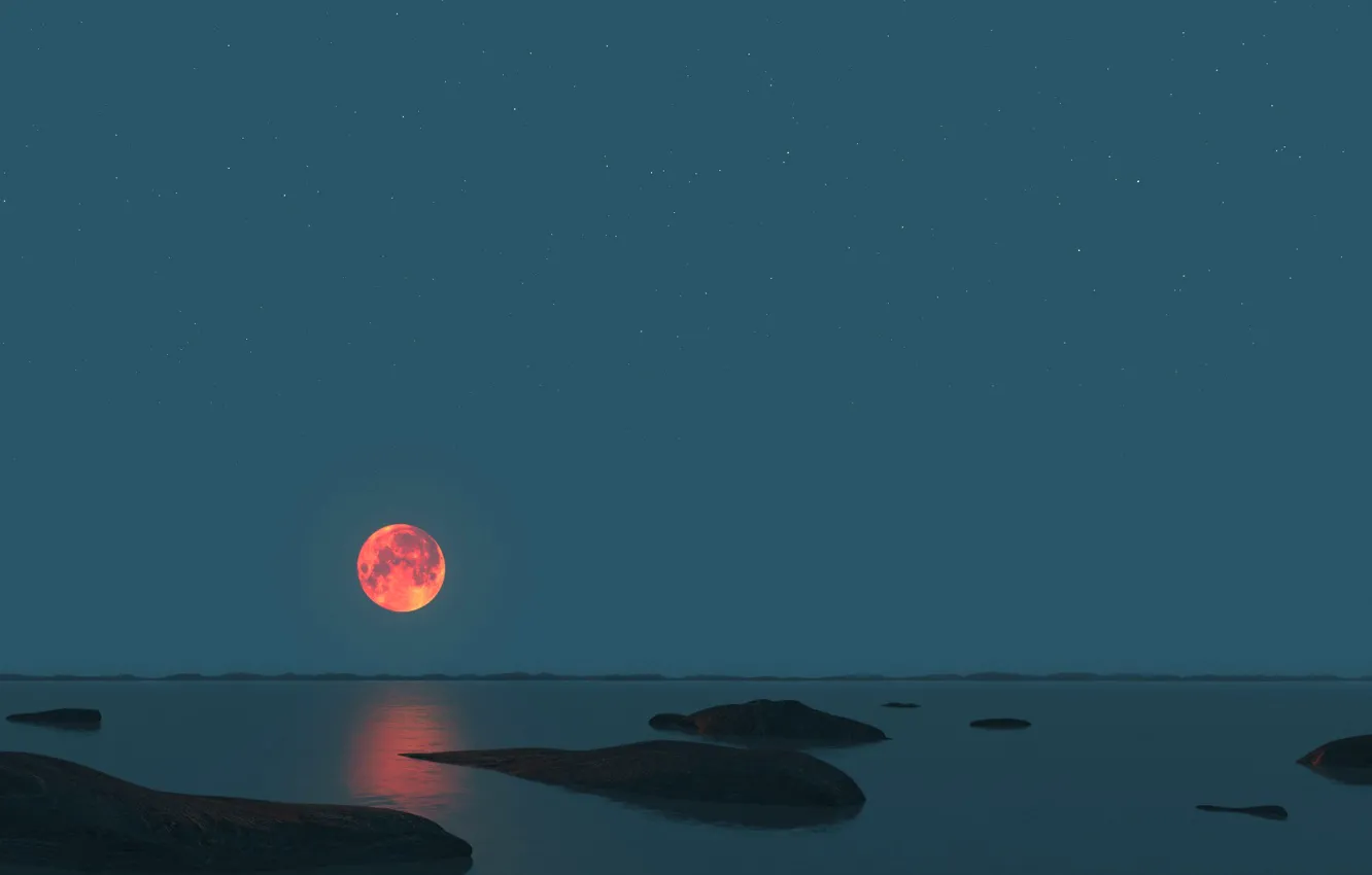 Фото обои море, небо, ночь, камни, луна, горизонт, панорама